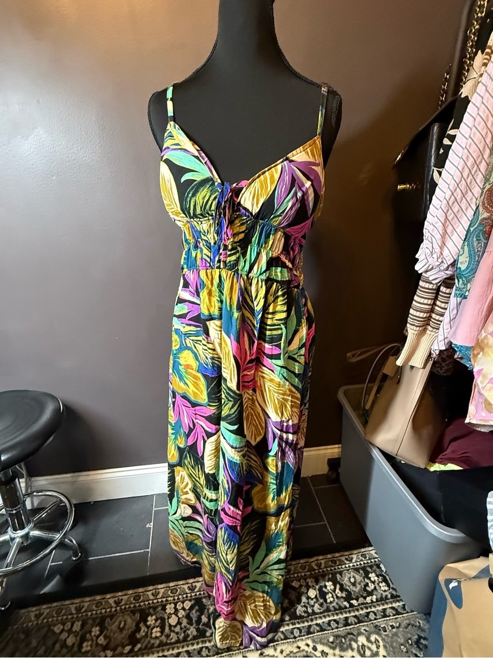 Tropical Leaf Print Maxi Dress - Black/Multi